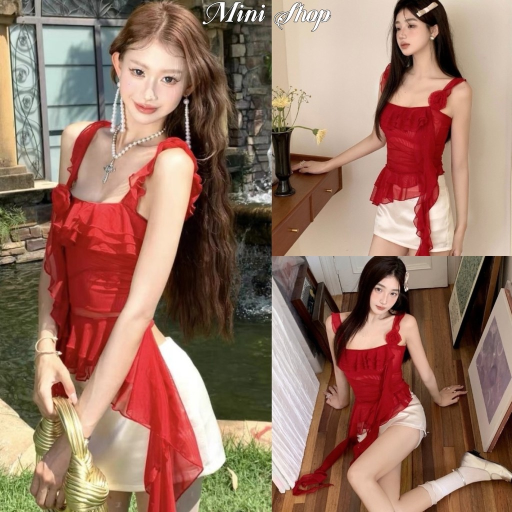 Mini shop🌸พร้อมส่ง🌸(FY2779)เสื้อกล้าม ผ้าซีทรูเซ็กซี่ น่ารักมาก ดีเทลปล่อยพริ้ว