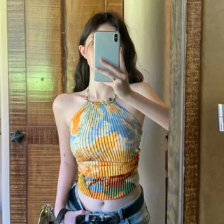 QY.Shop⭐️สินค้าราคาพิเศษ⭐️เสื้อคล้องไหมพรม ผูกมัดหลัง ใส่สบาย ดีเทลสายใส่ลูกปัด ลายสดใส "M1152"