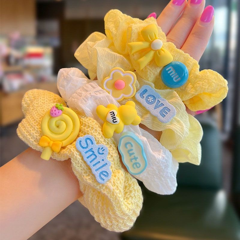 16甜美少女黄色大肠发圈可爱花朵小熊发绳森系蝴蝶结头绳可爱发饰品Sweet girl with yellow large intestine headband, cute flowers, small20250317