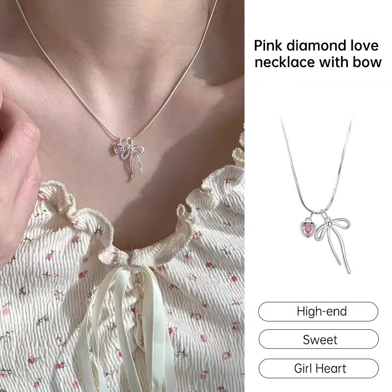 besla.thHigh-end Sweet Collarbone Chain ผู้หญิง Ins หรูหรา Niche สร้อยคอหัวใจโบว์สร้อยคอ