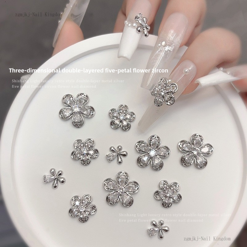 เครื่องประดับตกแต่งเล็บรูปดอกไม้ 5 กลีบประดับคริสตัลเพชร 1 ชิ้น / ตกแต่งเล็บดอกไม้สามมิติห้ากลีบสองชั้น / อุปกรณ์ DIY