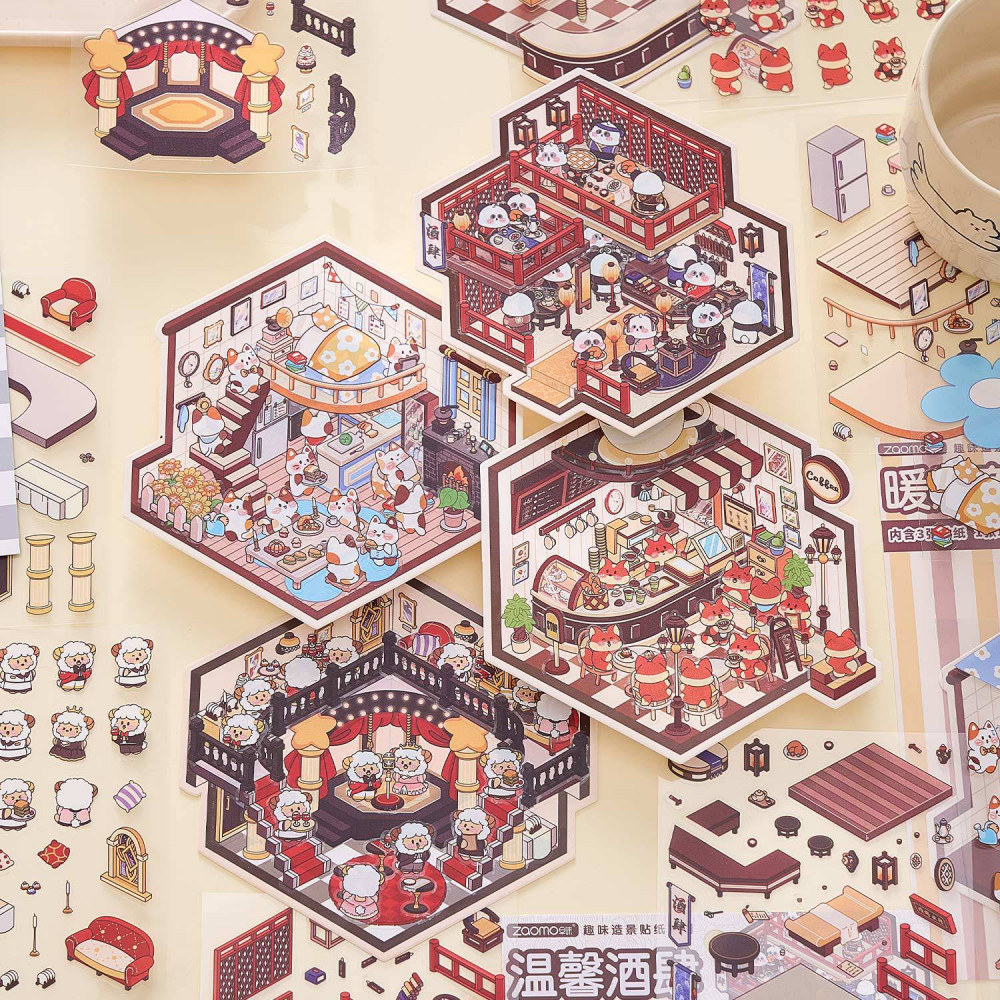 Kowei 4 ชิ้นสนุก Landscape Series 3D สติกเกอร์กันน้ําน่ารักสมุดภาพ Decals สําหรับสาว Journaling Plan