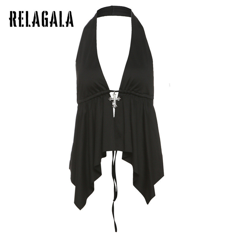 RELAGALA ผู้หญิง 2025 สีทึบเซ็กซี่ Backless Street แฟชั่น Lacing Camisole