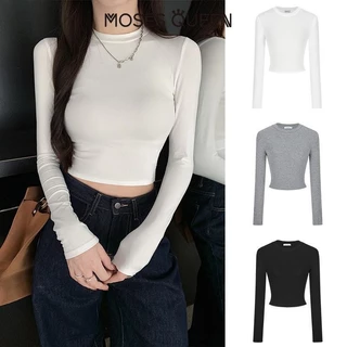 MOSESQUEEN เสื้อยืดสาวแขนยาวสั้น 2025 ฤดูร้อนผู้หญิงใหม่เปิดท้องเสื้อลําลองบริสุทธิ์#62241
