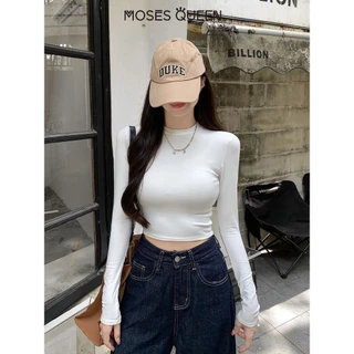 MOSESQUEEN เสื้อยืดสาวแขนยาวสั้น 2025 ฤดูร้อนผู้หญิงใหม่เปิดท้องเสื้อลําลองบริสุทธิ์#62241