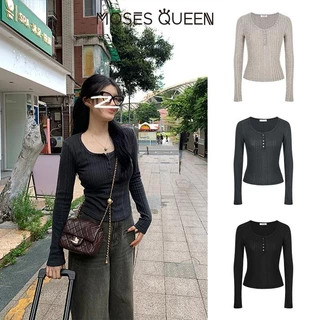 < MOSESQUEEN > เสื้อผ้าสตรีแบบเน็คพิทสตริป แขนยาว รูปแบบเซมิโอเพน ผิวสัมผัสใหม่ บางและเรียบ ด้านในชั้นล่าง #62323