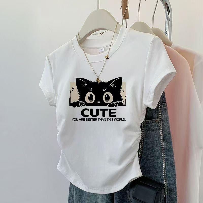 เสื้อยืดแฟชั่นเกาหลีแขนสั้น เสื้อรัดรูปสีขาว เสื้อยืดผู้หญิงน่ารักๆ คอกลม เสื้อยืดผู้หญิง พิมพ์ลาย สไตล์ลำลอง