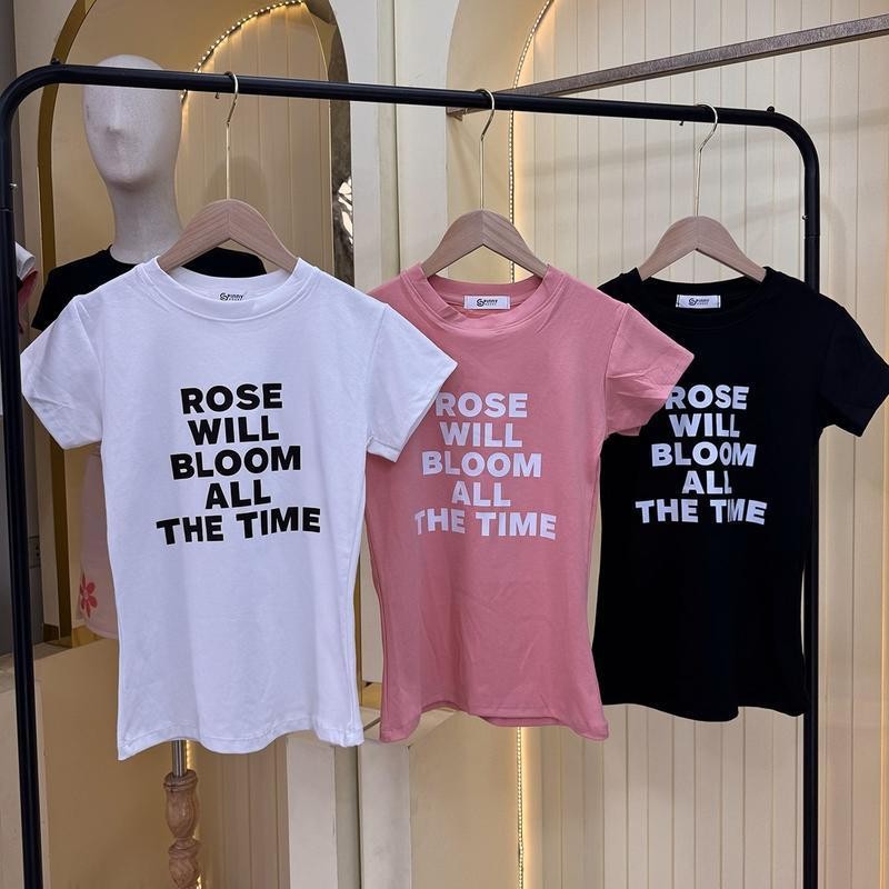เสื้อยืดเข้ารูป สไตล์เกาหลี ผ้ายืดยูนิ สกรีนลายเต็ม  ทรงสวย สาวอวบใส่ได้ ผ้าใส่สบาย รุ่น เข้ารูปRose will