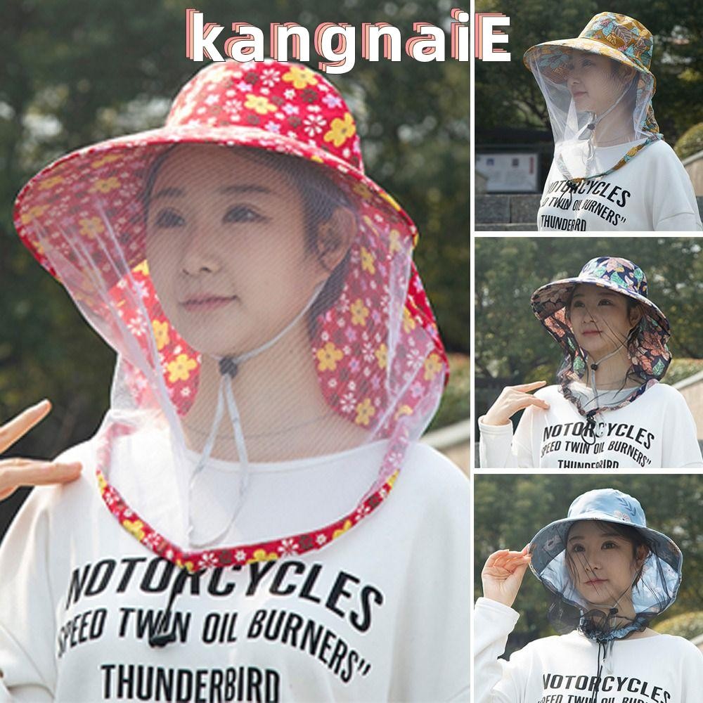 ชางไน หมวกกันแดดตกปลาปีกกว้างพร้อมหมวกกันยุงตาข่ายแฟชั่นดอกไม้ป้องกันรังสียูวีระบายอากาศหมวกถังกลางแจ้ง