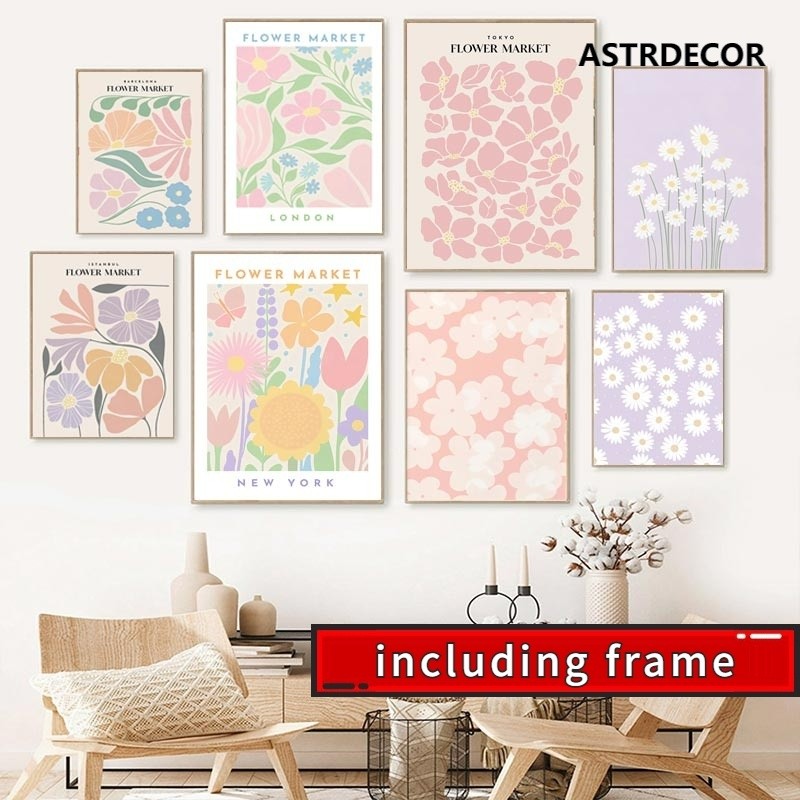 (พร้อมกรอบ) ภาพวาดผ้าใบ ลายดอกไม้นามธรรม สไตล์นอร์ดิก ย้อนยุค สําหรับตกแต่งผนัง ห้องนั่งเล่น