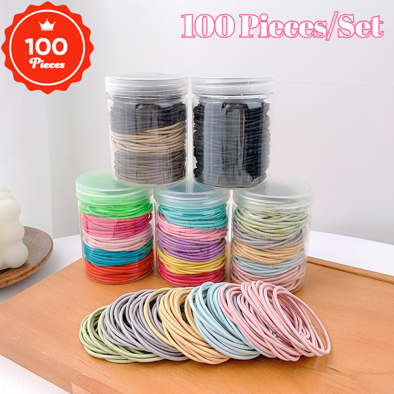 100ชิ้นที่เรียบง่ายที่มีสีสันยางรัดผมสาวความยืดหยุ่นผูกผมเชือกผมทนทานสําหรับผู้หญิง