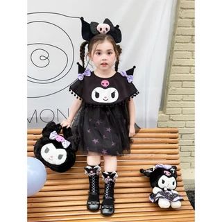 🧸 ส่งจากไทย🧸ชุดเด็กผู้หญิง Kuromi เดรสเจ้าหญิง 1-8ปี ผ้าฝ้ายแขนสั้น ลายการ์ตูน สไตล์เกาหลี สําหรับไปงานปาร์ตี้ Halloween แม่มด สีดํา
