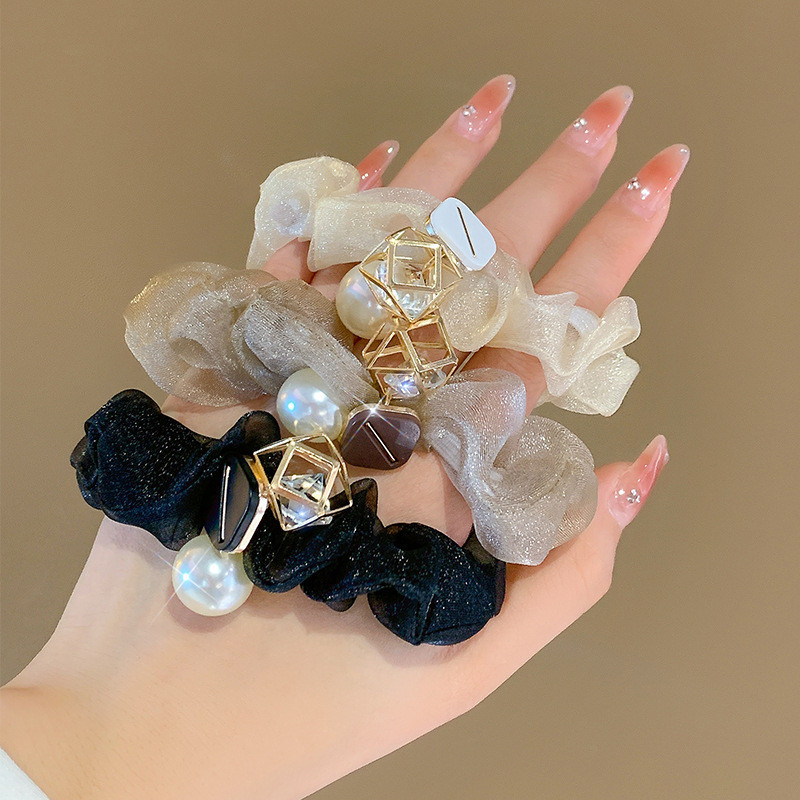 เวอร์ชั่นเกาหลี High-End หรูหรา Pearl Scrunchy แหวนผม Organza Influencer ผมยืดหยุ่นเชือกผม Hollow Rhinestone Headdress