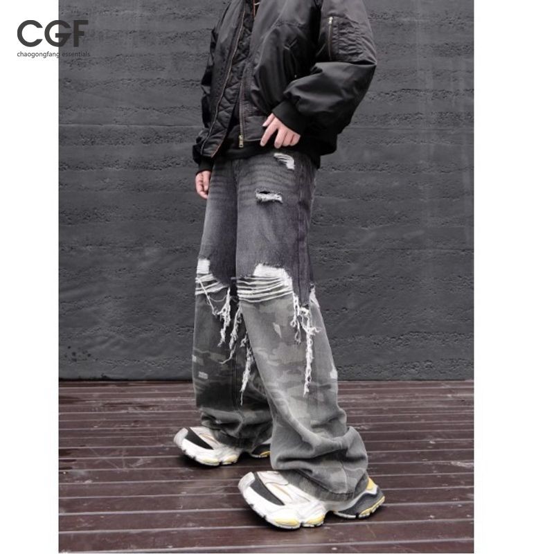 กางเกงยีนส์ผู้ชายอเมริกันทอเชือกหนามาเชเต้หลวมกีฬาสบายๆคู่