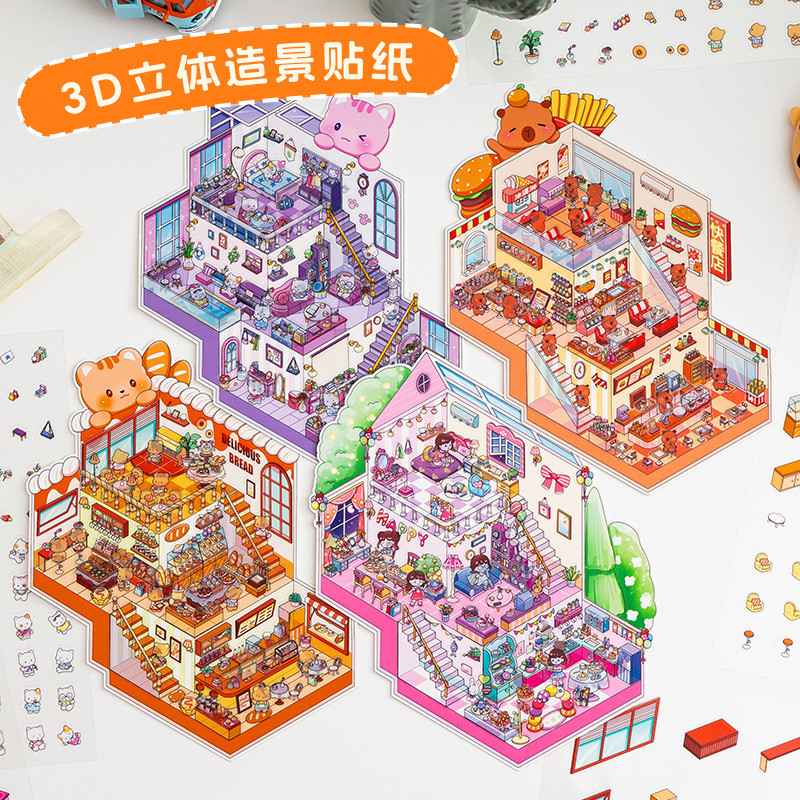 3d สามมิติสติกเกอร์ภูมิทัศน์น่ารักการ์ตูน Handmade diy คู่มือตกแต่ง Collage กันน้ําสัตว์เลี้ยง Miniature คู่มือสติกเกอร์