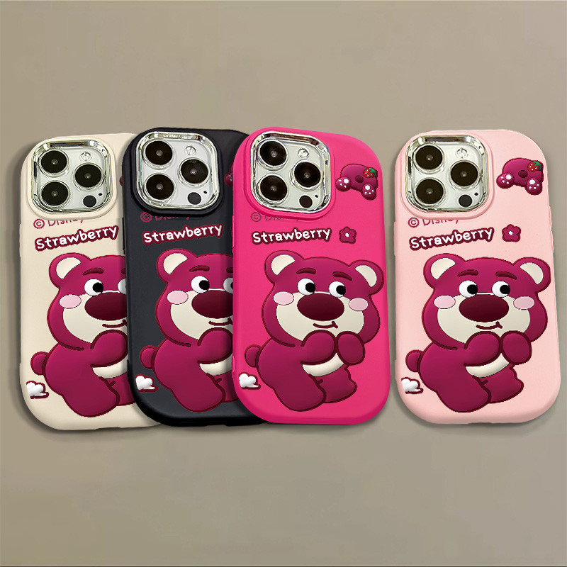 เคสโทรศัพท์มือถือ TPU นิ่ม กันกระแทก ป้องกันกล้อง ลายหมีสตรอเบอร์รี่น่ารัก สําหรับ IPhone 11 15 14 12 13 11 Pro XS Max X XR 7 + 8 Plus