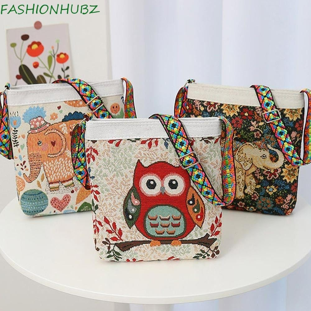 Fashionhubz กระเป๋าถือ กระเป๋าสะพายไหล่ ผ้าถัก ปักลายช้าง นกฮูก สไตล์ชนเผ่า เรียบง่าย สําหรับสตรี