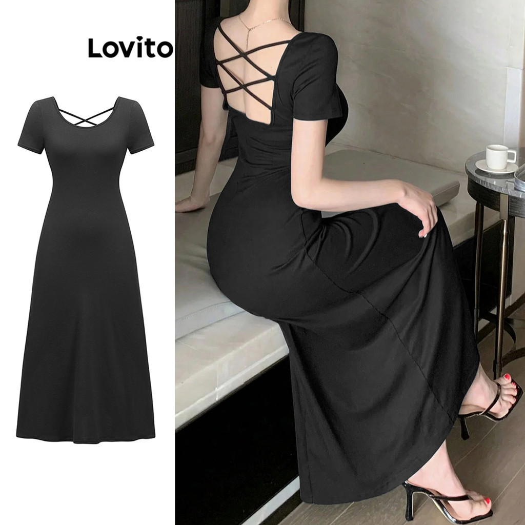 Lovito เดรสผู้หญิง สายไขว้ สีพื้น สไตล์ลำลอง L83ED347