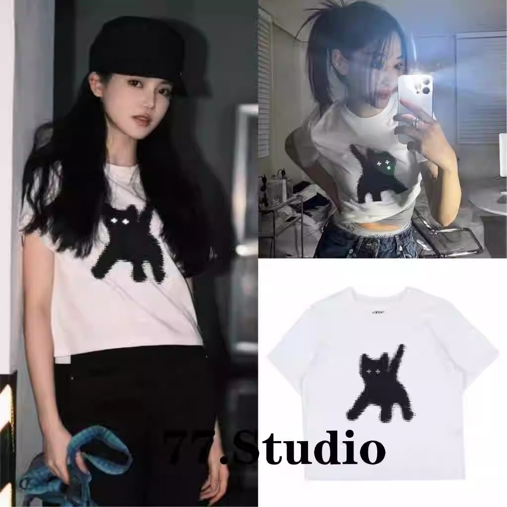 （พร้อมส่งจากกทม มาถึงใน 2วัน）ป๊อปเกาหลี เสื้อครอปท็อป เสื้อยืดแขนสั้นลายแมว เสื้อยืดเปลือยสะดือ เซ็กซี่ น่ารัก