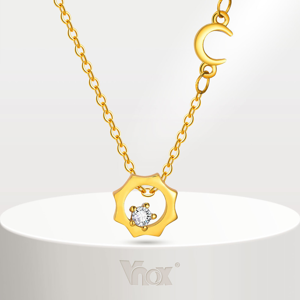 Vnox สร้อยคอสเตนเลส 18K จี้รูปดวงอาทิตย์ ดวงจันทร์ ประดับเพทาย ของขวัญวันเกิด สําหรับผู้หญิง