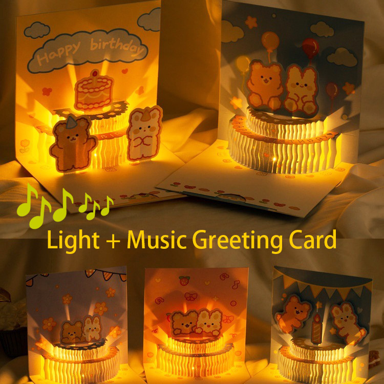 3d Pop Up Light เพลงการ์ดอวยพรการ์ตูนหมีเค้กการ์ดอวยพรของขวัญ Party Surprise Blessing การ์ดซองจดหมาย Happy Birthday Greeting