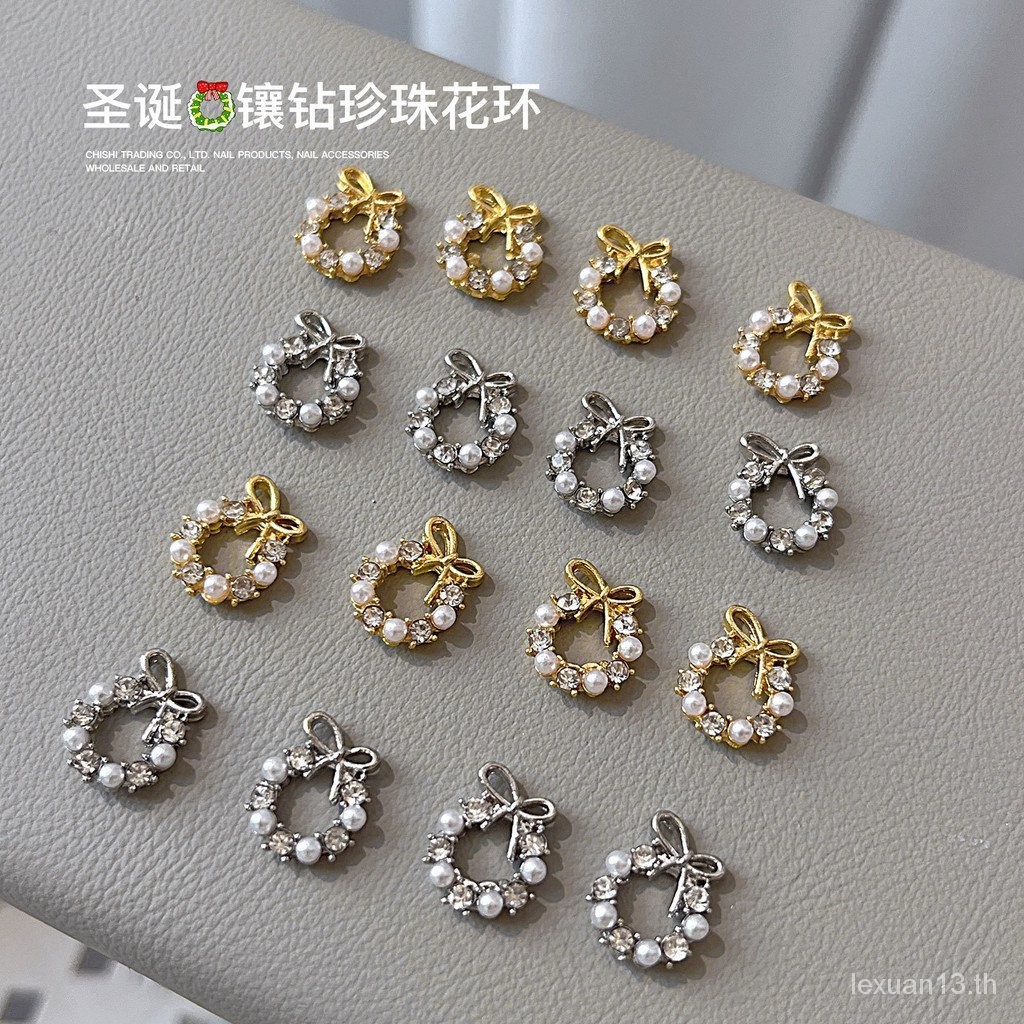 ใหม่ พวงหรีดคริสต์มาส ประดับโบว์ ไข่มุก เพชร อัลลอย สําหรับตกแต่งเล็บ