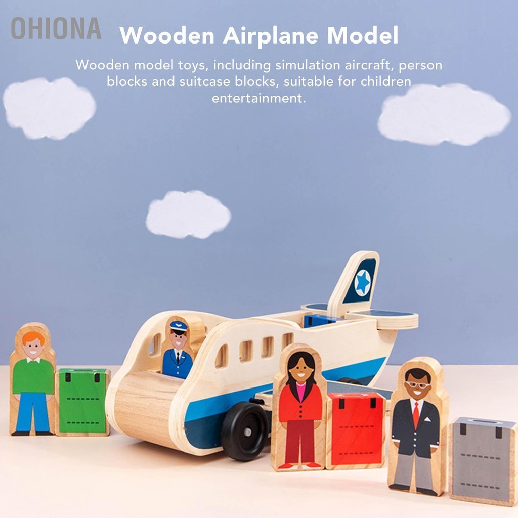 OHIONA เครื่องบินจำลองไม้เด็กสร้างบล็อกของเล่นกับ Blockman และกระเป๋าเดินทางรุ่นสำหรับ Early Education