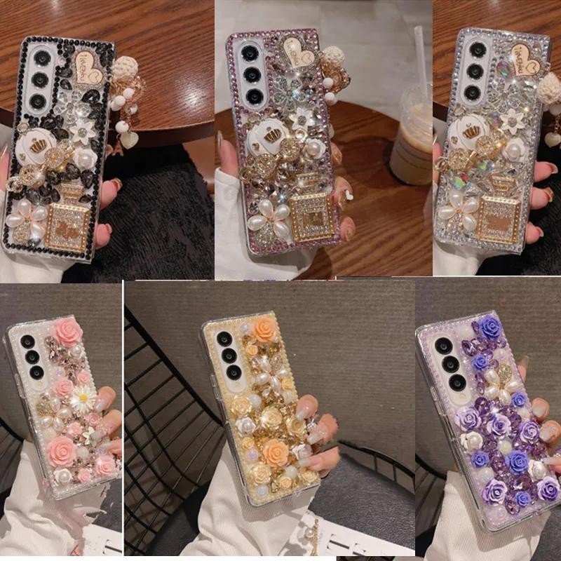 แฟชั่นเกาหลี DIY Bling เพชร Rhinestone เคสโทรศัพท์สําหรับ Samsung Galaxy Z พับ 8 Ultra 7 6 5 4 3 2 5G 3D ฟักทองเพิร์ลดอกไม้น้ําหอมขวดคริสตัล