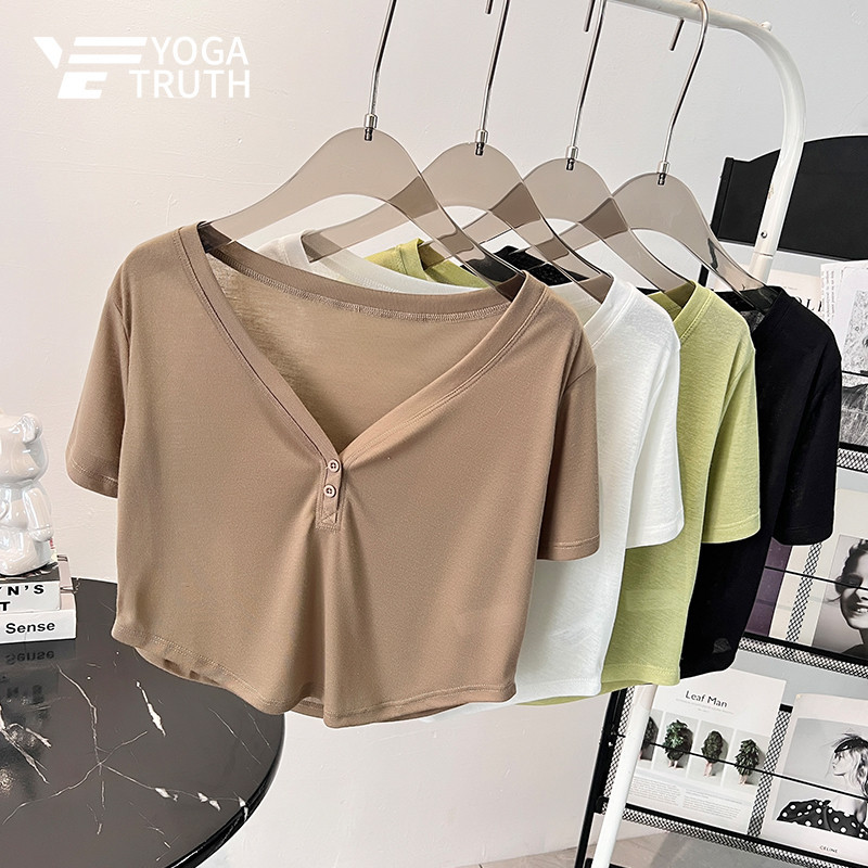 【YOGATRUTH】เสื้อเบลาส์แขนสั้น คอวี ทรงหลวม ระบายอากาศได้ดี เป็นมิตรกับผิว สําหรับเล่นโยคะ กีฬา