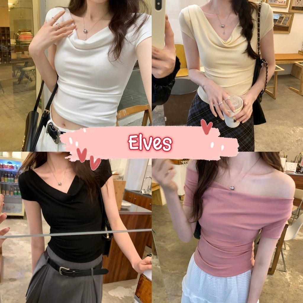 Elves✨พร้อมส่ง✨  เสื้อเปิดไหล่ไหมพรม แขนสั้น สีพาสเทล ~X222~