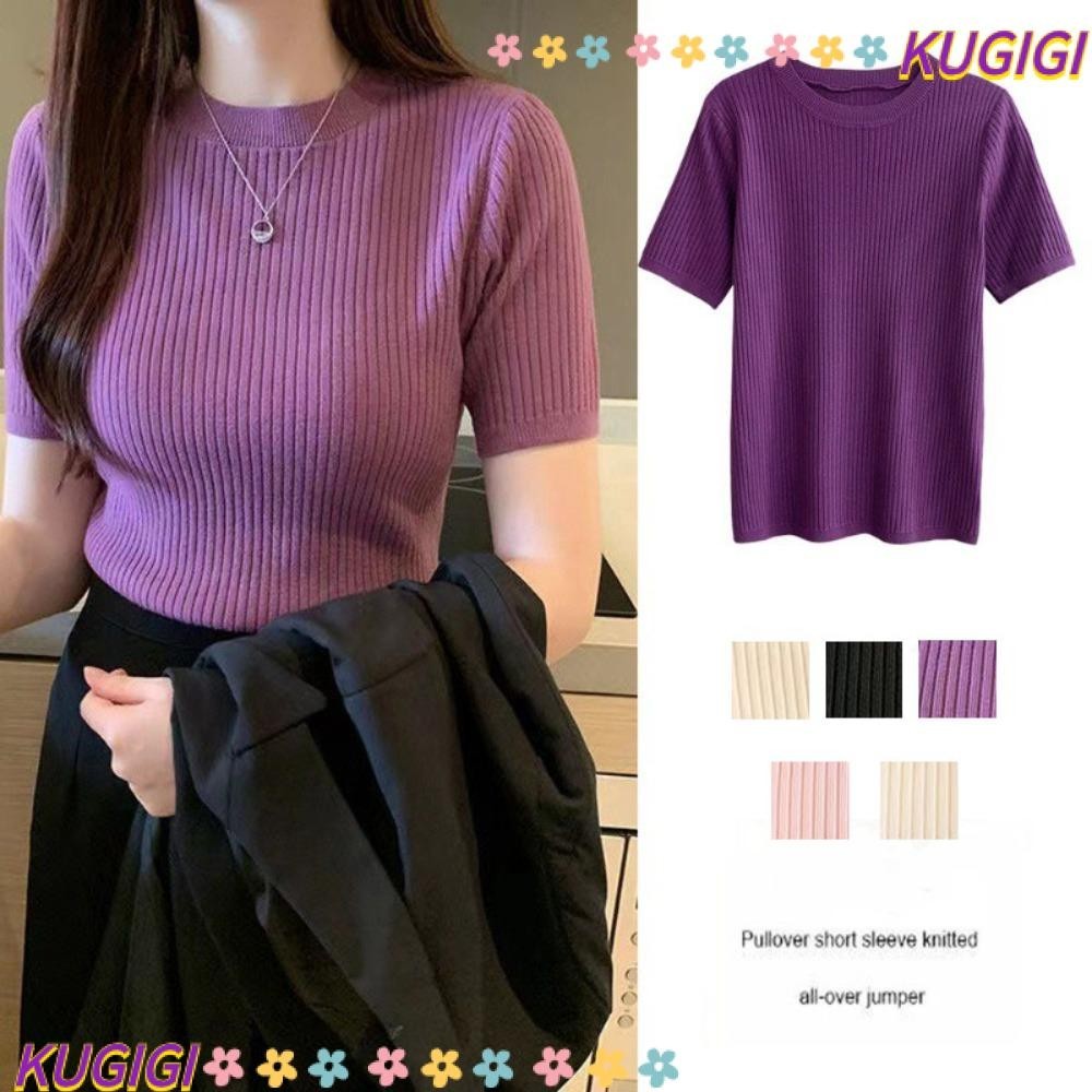 กุจิ เสื้อยืดแขนสั้น,สีทึบสลิมฟิตถักแขนสั้น,แฟชั่นผ้าไหมน้ําแข็งเสื้อคอกลมคอเต่า