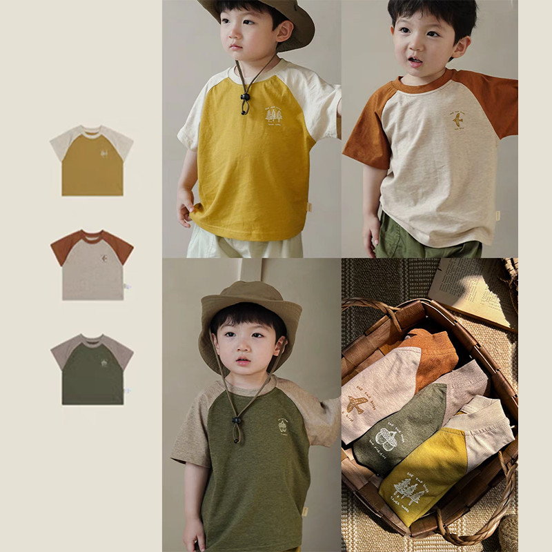 ฤดูร้อนใหม่เด็กผู้ชายท็อปส์ซูป่าดิบเกรดสูงเส้นด้ายผสมไหล่เสื้อแขนสั้นเสื้อยืดเด็กฤดูร้อนชายและหญิงท็อปส์ซู