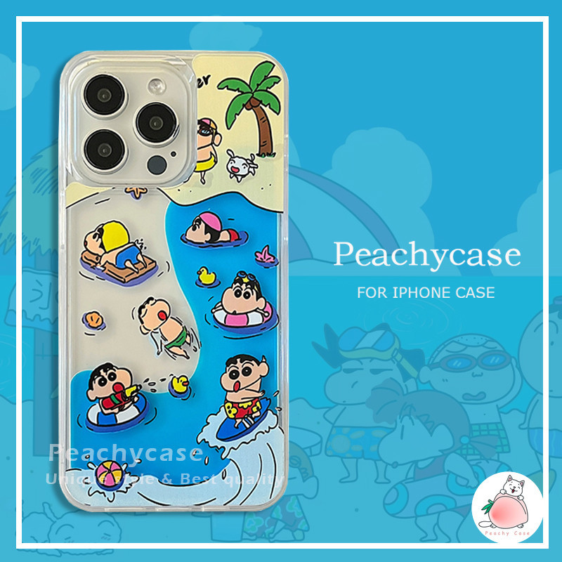 การ ์ ตูนฤดูร ้ อนทรายชายหาดว ่ ายน ้ ํา Crayon Shin Chan Liquid Quicksand เคสโทรศัพท ์ สําหรับ iPhone 15 14 Plus 13 12 Pro Max 11 อะคริลิคกันกระแทก Hard Back Cover Casing