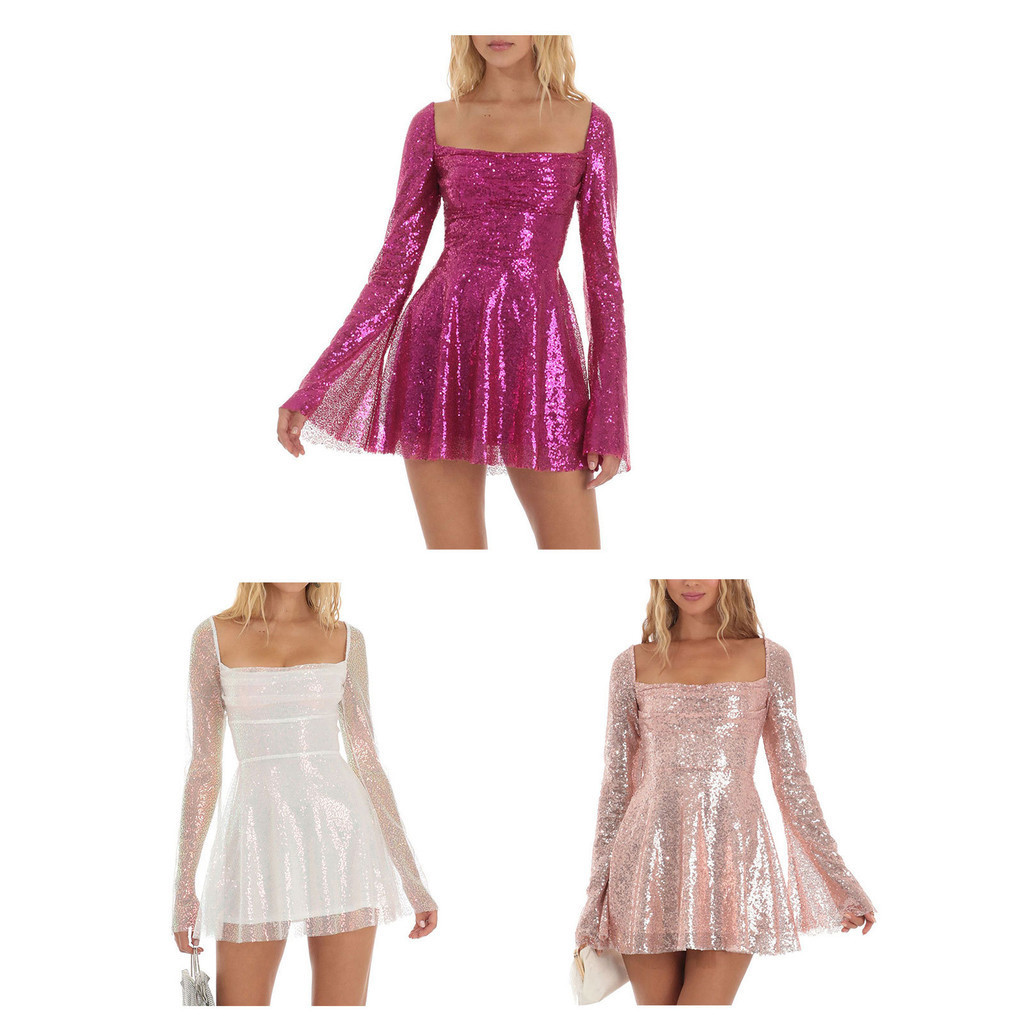 Yeahdor Party Mini Dress สําหรับผู้หญิง Clubwear Lace-up Bodycon Sparkly Glitter เลื่อมชุด