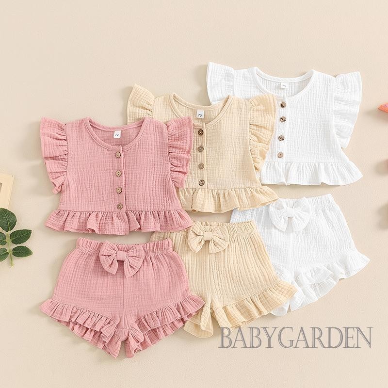 Baga-6 เดือน-4 ปีเด็กทารก 2 ชิ้นชุดฤดูร้อน Fly Sleeve ปุ่มลง Ruffled Tops Bow กางเกงขาสั้นเอวยางยืด