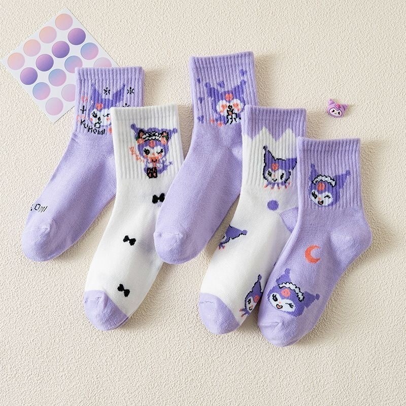 5 คู่อะนิเมะ Sanrio การ์ตูนเด็กถุงเท้าหวีผ้าฝ้าย Midtube ถุงน่องน่ารัก Kuromi Melody ถุงน่อง