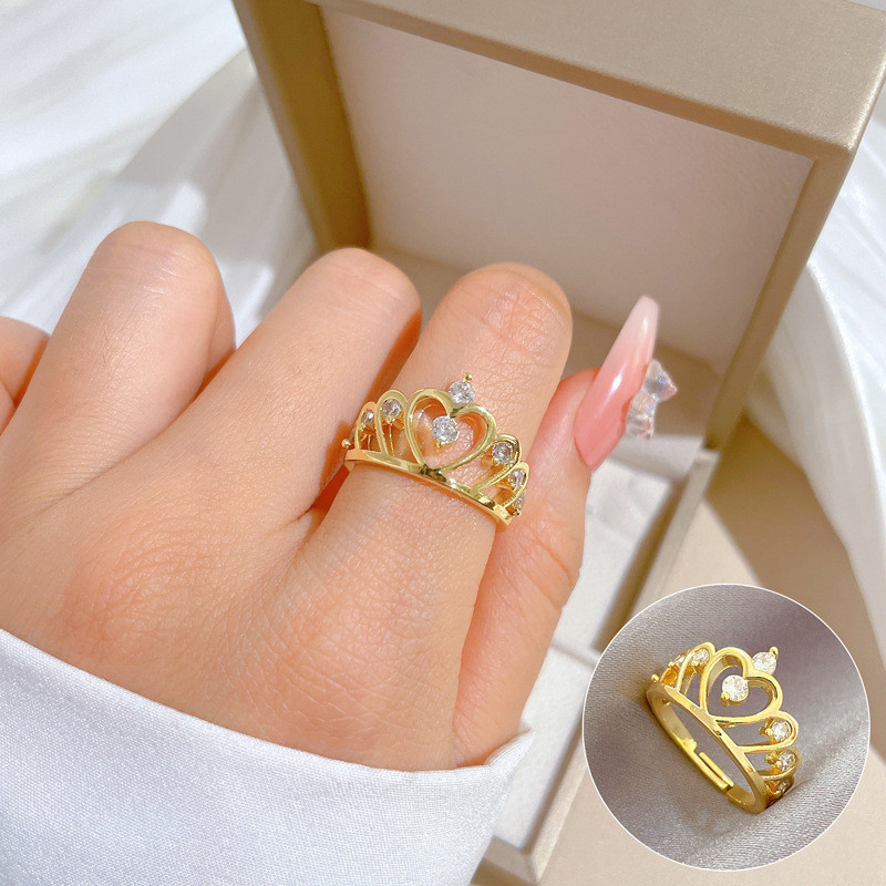 YuueSuun แหวน 18K ชุบทองจริง มงกุฎ กลวงออก แฟชั่น รุ่นที่ปรับได้ ความเรียบง่าย แหวนนิ้ว
