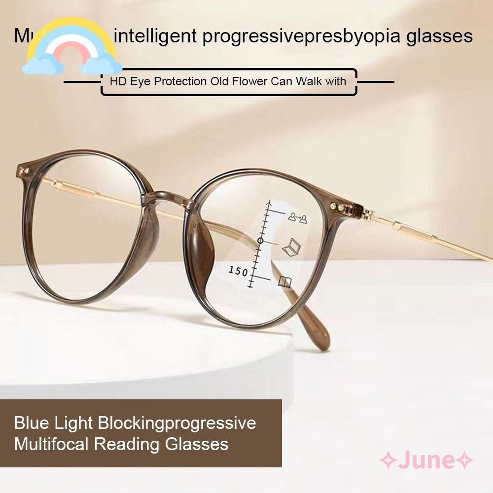 June แว่นอ่านหนังสือป้องกันแสงสีฟ้า, แว่นตาทรงกลม Blue Blocking Multifocal, Vintage Progressive Near Far PC Ultralight Hyperpia แว่นตาผู้ชายผู้หญิง