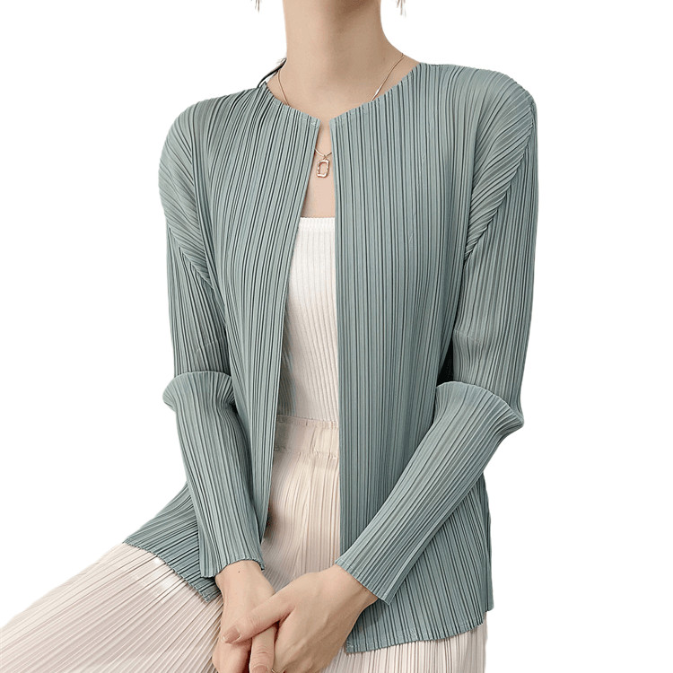 มิยาเกะจีบคาร์ดิแกนด้านบนผู้หญิงด้านนอกอารมณ์ซอกฤดูใบไม้ผลิฤดูใบไม้ร่วงบางสบายๆทุกการแข่งขันแขนยาวสั้นแจ็คเก็ตผ้าคลุมไหล่