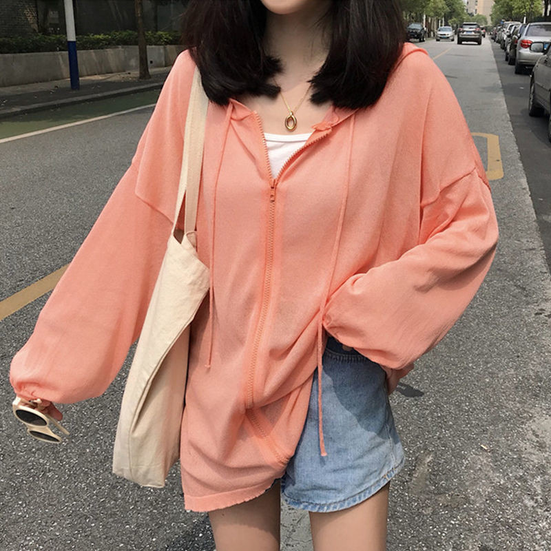 【Hoodie Oversize 】 ฤดูร ้ อนผู ้ หญิงขนาดบวกเสื ้ อกันแดดธรรมดาแฟชั ่ นเสื ้ อซิปบาง