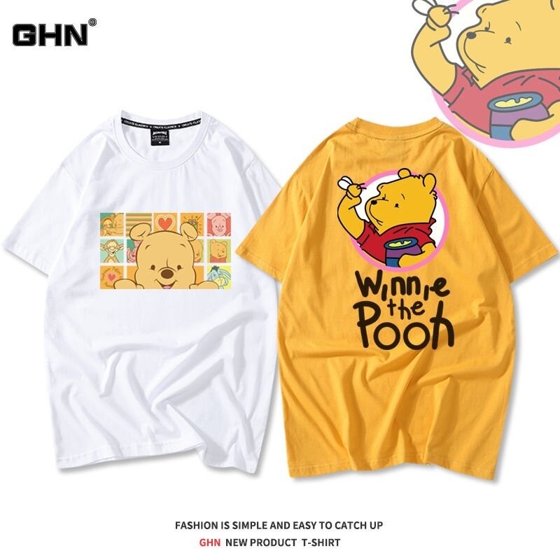 [100% Cotton] เสื้อยืดผ้าฝ้ายขายดี!เสื้อยืดแขนห้าส่วน พิมพ์ลายการ์ตูนหมีพูห์ ทรงหลวม เข้ากับทุกการแต่งกาย แฟชั่นคู่รัก ส