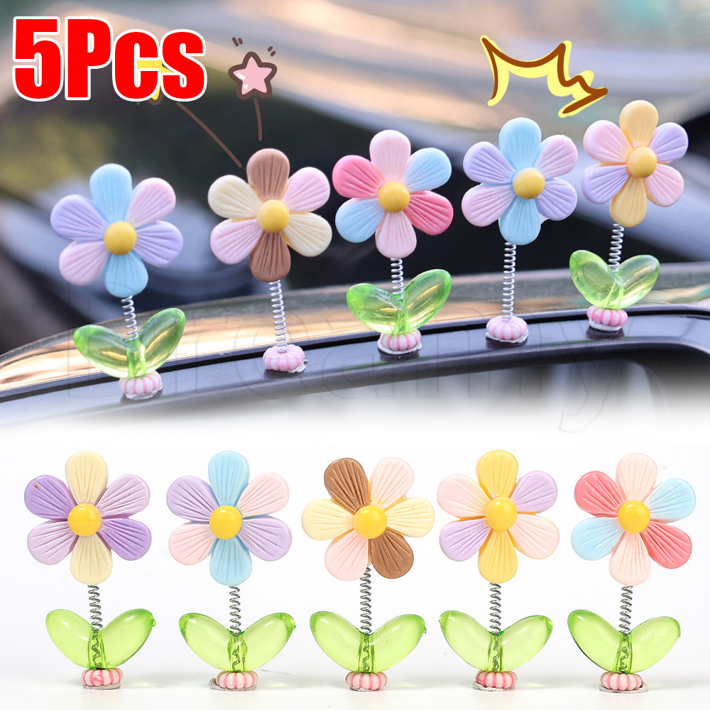 5ชิ้นสายรุ้งดอกไม้เขย่าหัวเครื่องประดับ-ดอกไม้สดฤดูใบไม้ผลิแกว่งของเล่น-เครื่องประดับตลก-รถตกแต่งภายในกระจกมองหลัง-diy Auto Decor-อุปกรณ์รถยนต์