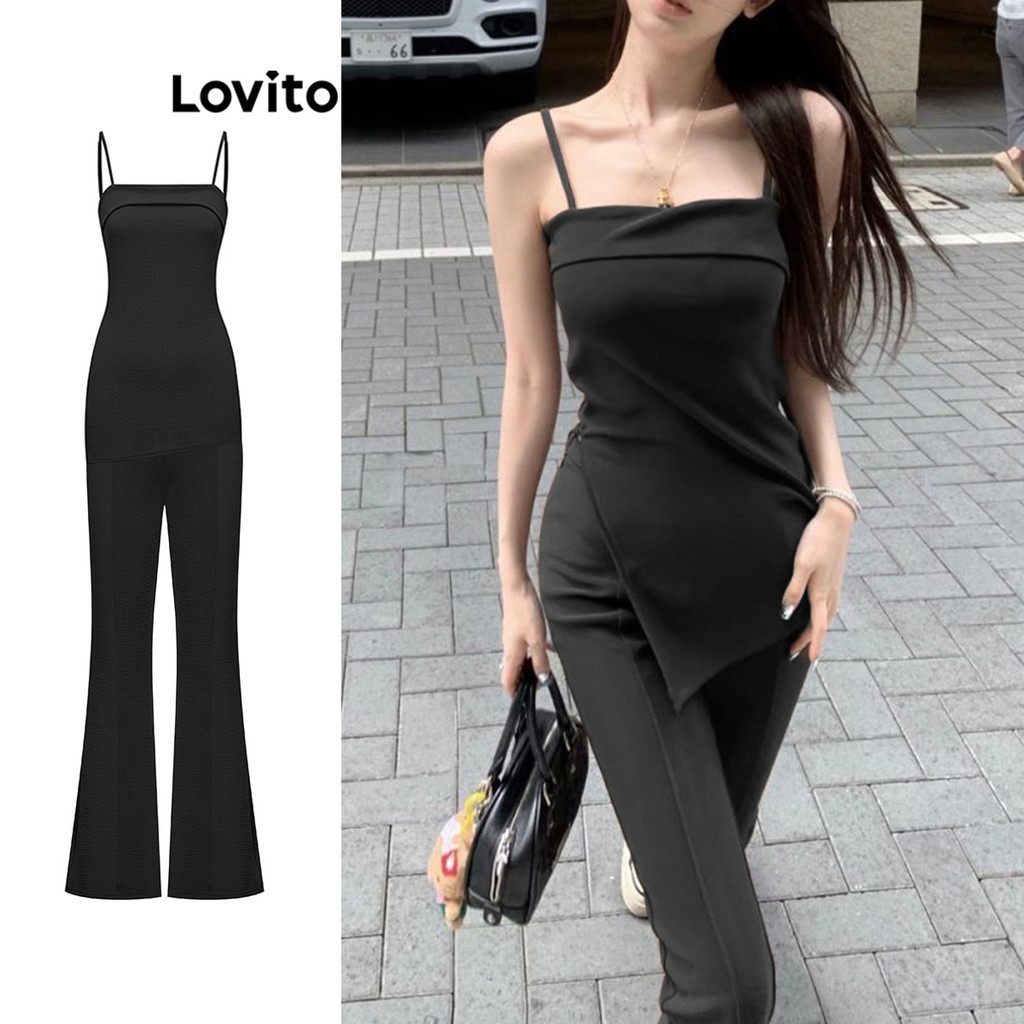 Lovito ชุดเซ็ทกางเกงขายาวผู้หญิง แต่งผ่าด้านหน้า สีพื้น สไตล์ลำลอง L85AD293