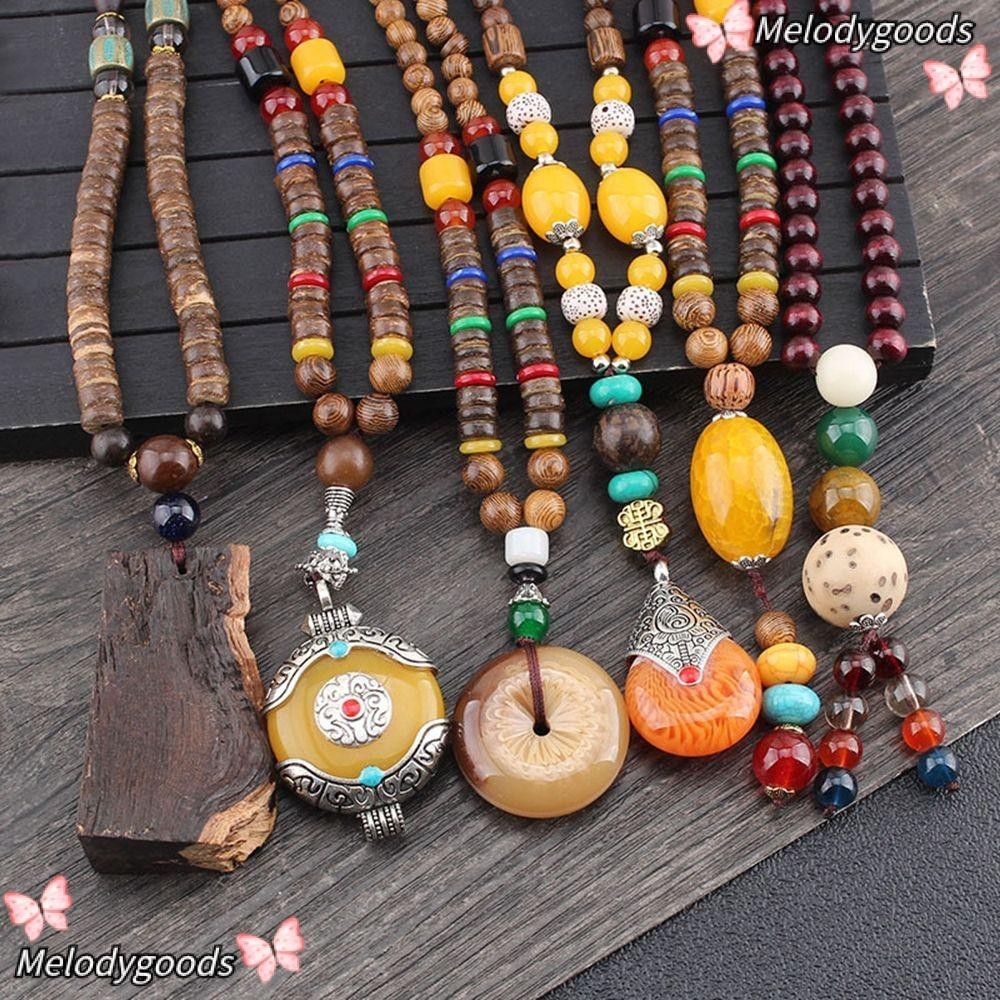 Melodg เนปาลสร ้ อยคอ Boho Handmade เครื ่ องประดับชาติพันธุ ์ Lucky ของขวัญ Mala ลูกปัดไม ้