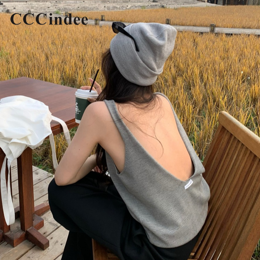 Cccindee Womens 2024 แฟชั่นใหม่เซ็กซี่ Backless Halter Slim Casual Street เสื้อกล้ามถัก