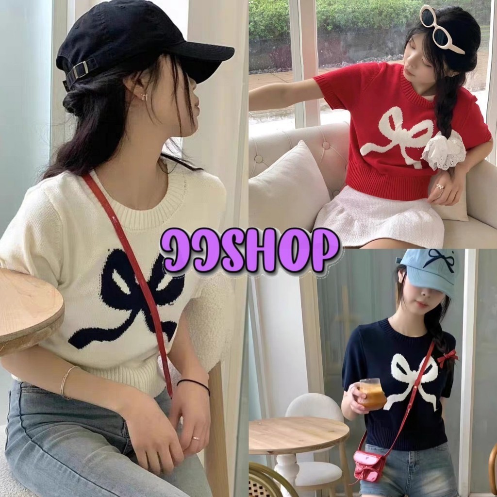 JJ Shop​ ​พร้อมส่ง เสื้อยืดไหมพรมแขนสั้น คอกลม เกาหลี ดีเทลปักลายโบว์ มีสามสี "42CX35"