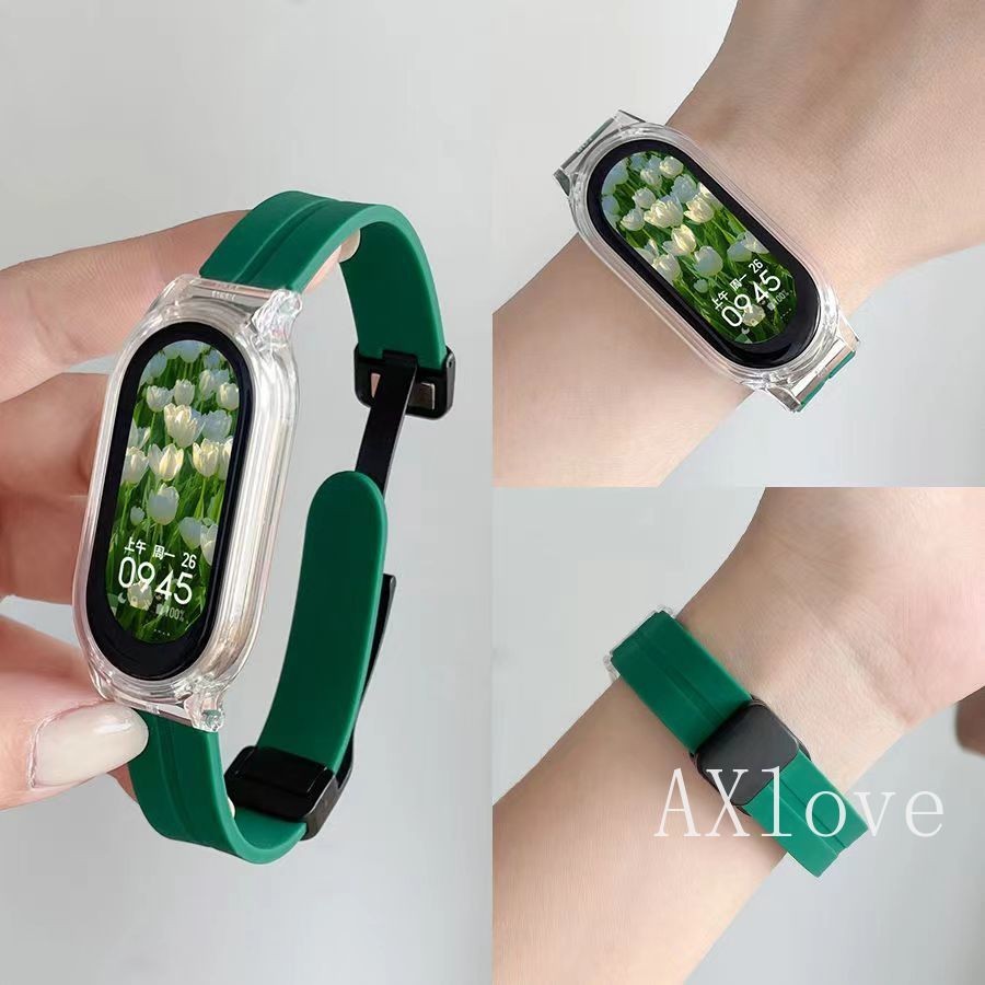 เคสใส + สายซิลิโคนสําหรับ Xiaomi Mi Band 9 8 7 6 5 4 3 สายรัดข้อมือ Correa เปลี่ยนนาฬิกาซิลิโคน TPU อ่อนสําหรับ Miband 8 NFC กีฬาสายรัดข้อมืออุปกรณ์เสริม