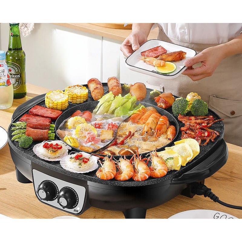 กระทะย่างไฟฟ้าแบบไม่ติดในครัวเรือน Shabu-in-one POT/multifunctional POT เครื่องทำบาร์บีคิวแบบไม่ใช้ค