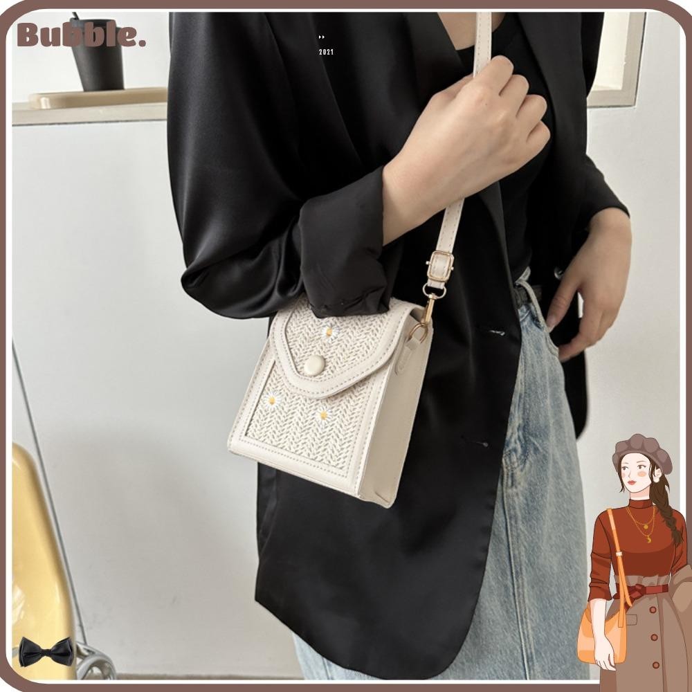Bubble Straw Plaited Phone Bag, Straw Dacron Embroidery Bag, Little Daisy Shoulder Crossbody Bag