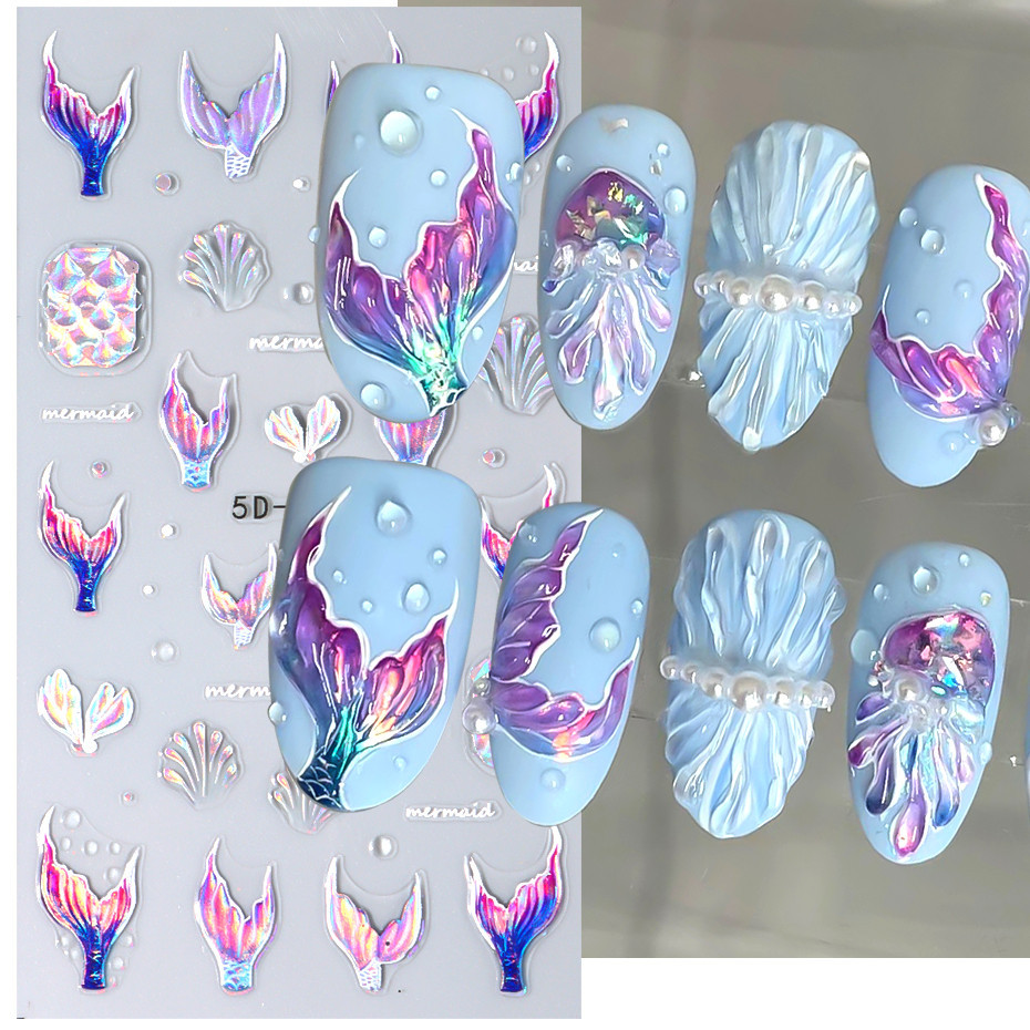 ฤดูร้อน Ocean Decals สติ๊กเกอร์ติดเล็บ Holographic Fantasy Beach Shining Mermaid Tail Shell Star 5D นุ่มบรรเทา Self กาว Slider